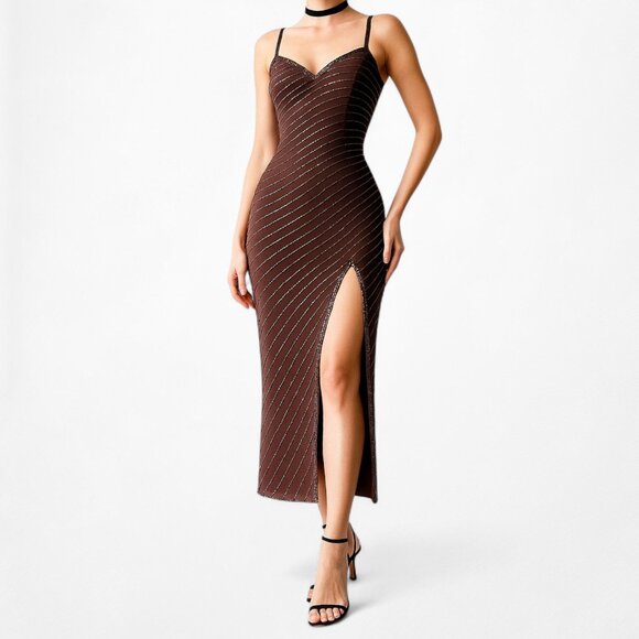 Vintage Y2K Brown Beaded Silk Knee Length Side Slit Bodycon Dress Size XS - Picture 3 of 7